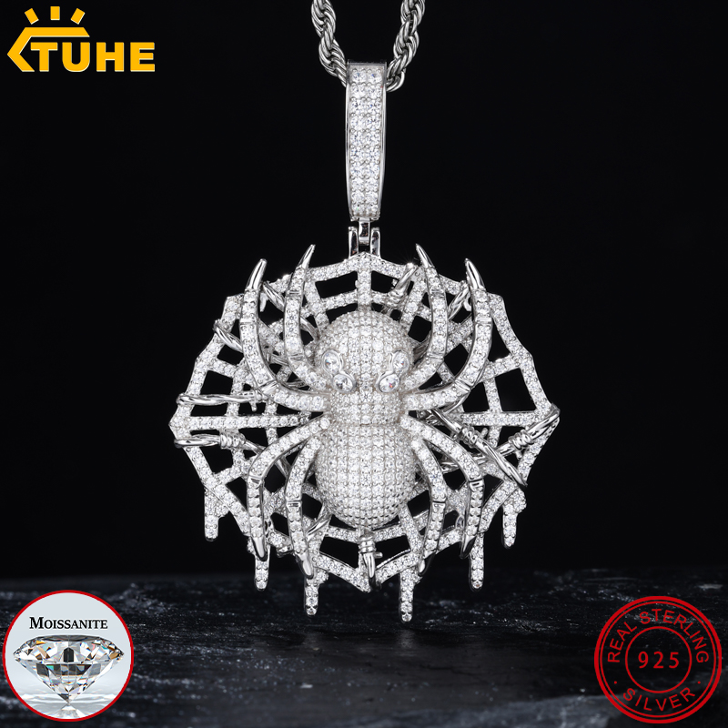 925 Sterling Silver Chain Necklace Men - TUHE Ciondolo ragno Moissanite VVS1 di
